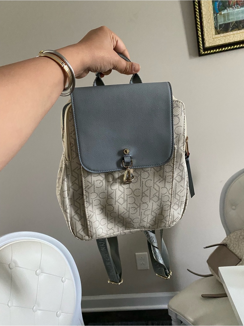 Monogram Canvas Backpack with Gray Leather Flap